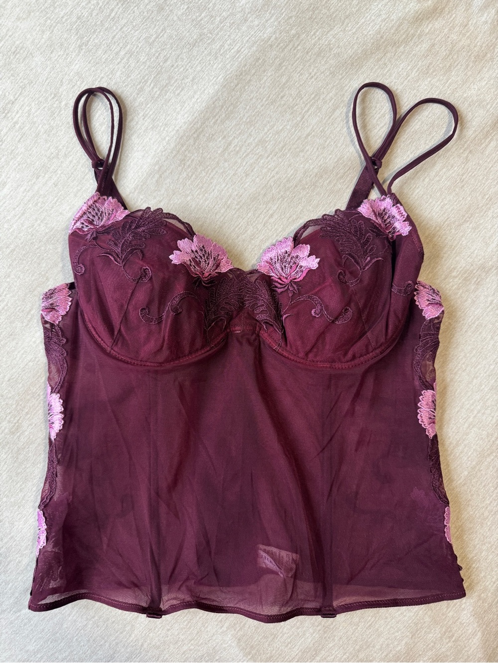H.J. Tempest Burgundy Pink Floral Embroidered Mesh Corset Bustier Top 36